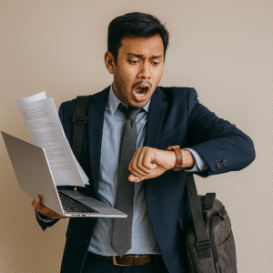 a frazzled person in a hurry